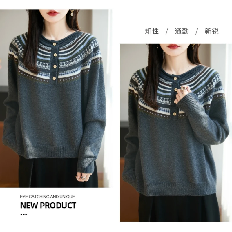 Autumn Winter Loose Pullover Retro Jacquard Geometric Sweater Long Sleeve Ethnic Style Semi-open Neck Sweater Casual Lazy Tops