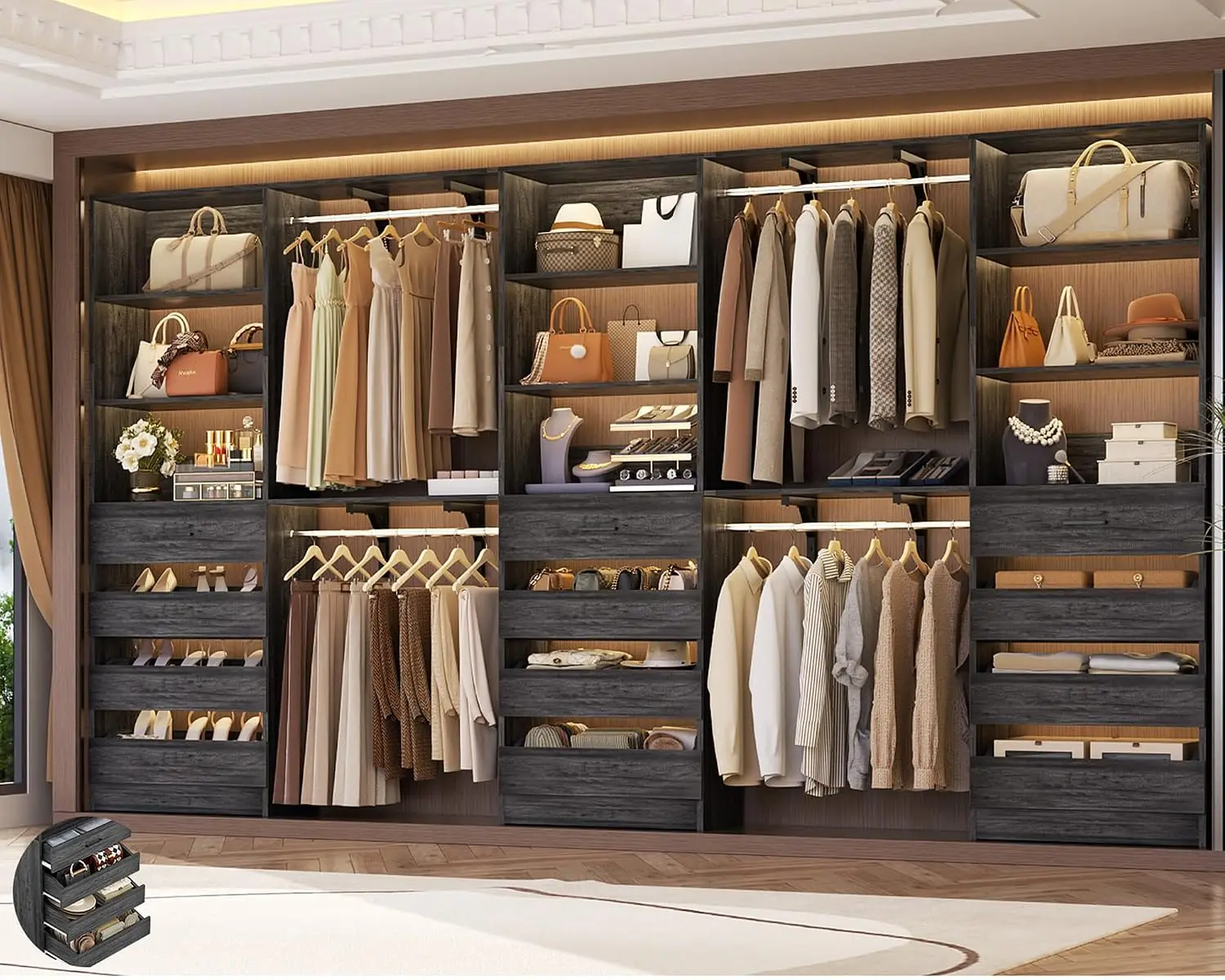 Closet Organizer System with 12 Drawers & 4 Hanging Rods, 138.5