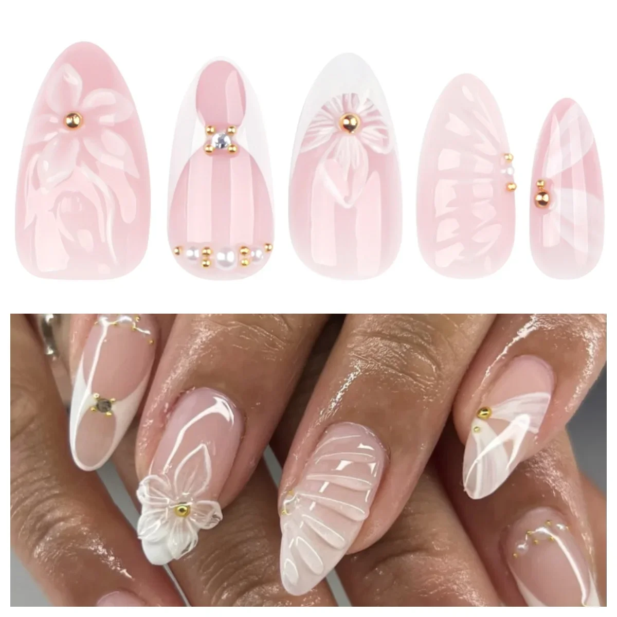 

3D Flower Press On Nails French Almond Medium Short Fake Nails Trendy European American Nail Tips