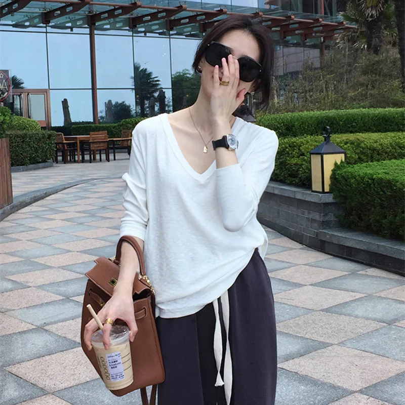 

100% Cotton Sexy V Neck Solid Oversized Loose Long Sleeve Women T Shirt Slim Tunic Trend Fashion Harajuku Spring Summer 2024 Top