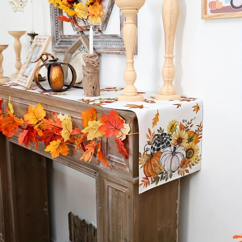 Halloween Pumpkin Sunflower Table Runner Polyester Autumn Harvest Pattern Halloween Dinner Decor Tabletop Spooky Festive Vibe