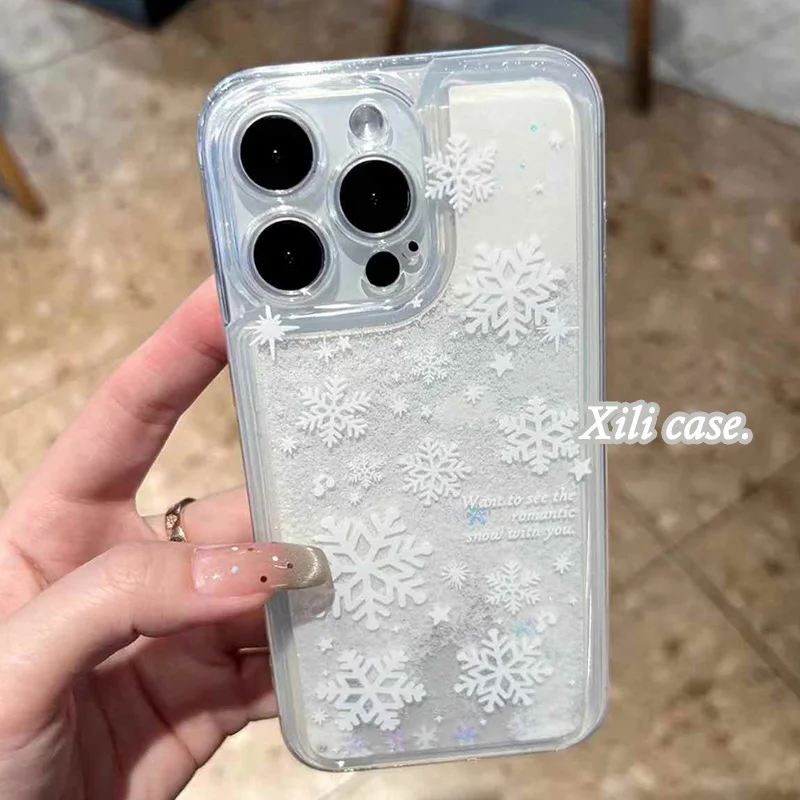 

Snowflake Quicksand Luxury Clear Phone Case for iPhone 16 15 14 13 12 11 Pro Max Plus 16promax Transparent Winter Cover