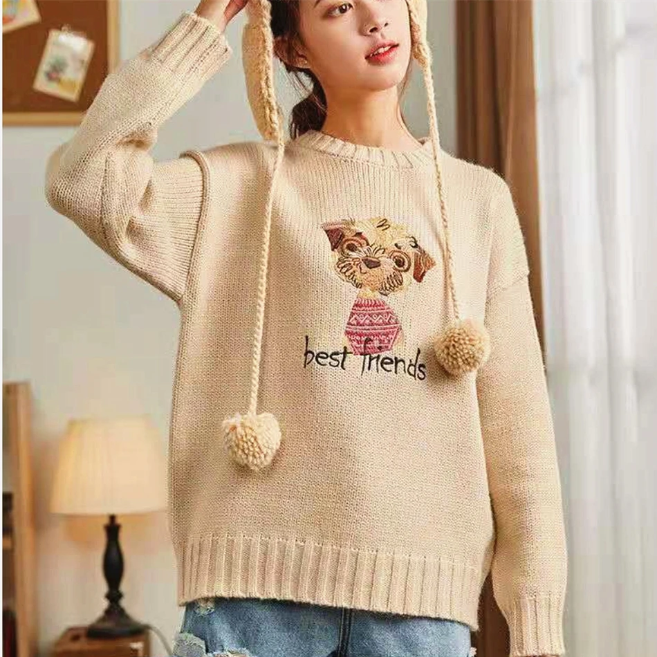 Keep Warm Loose Turtleneck Kawaii Sweater for Girls Cute Doll Puppy Embroidery Cartoon Jumper Pullover Winter Auutmn Vintgae Y2K