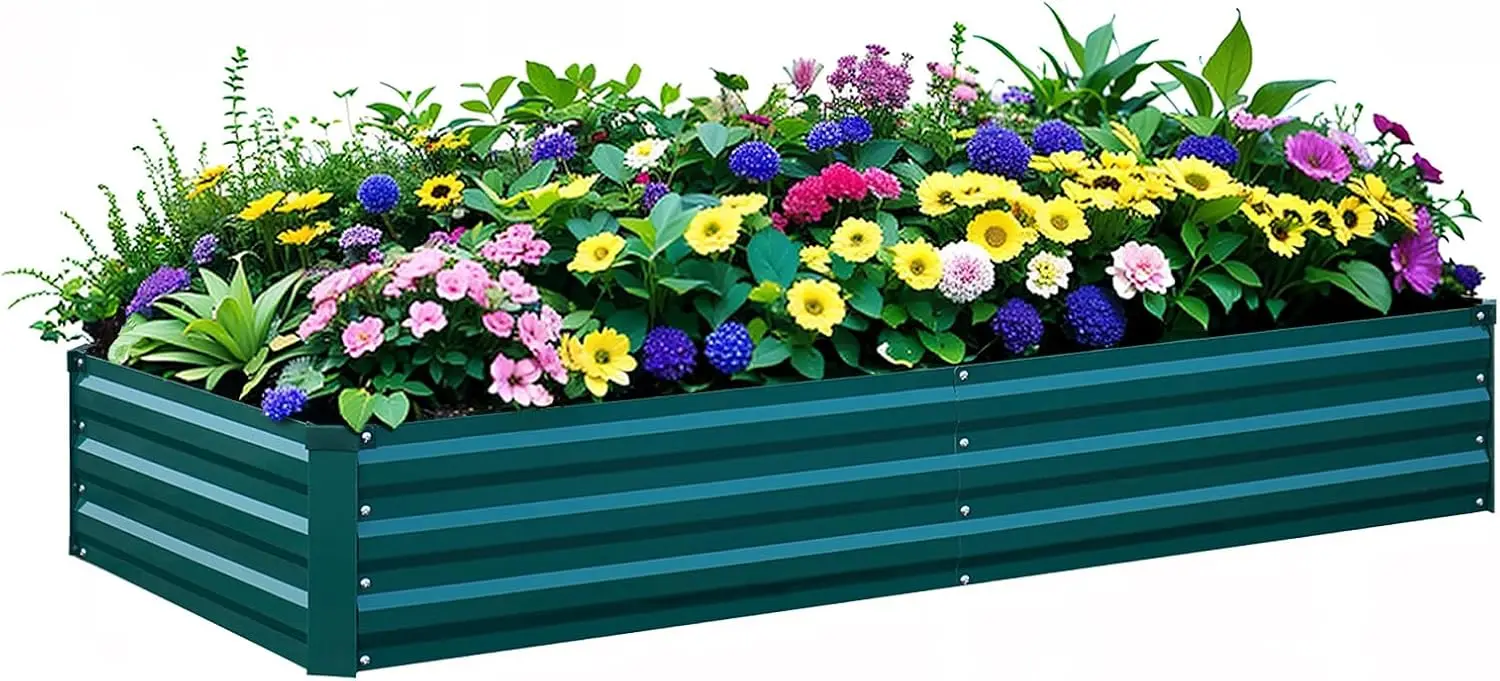 Outdoor Gardening Green Metal 8x4x1FT Large Raised Garden Box for Vegetables & Flowers