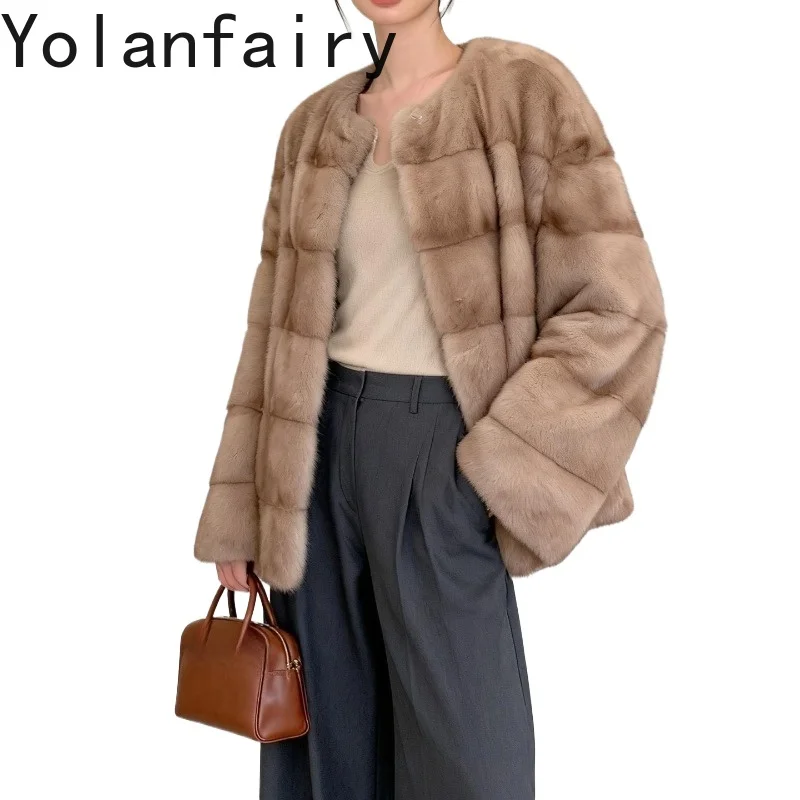 เสื้อโค้ทขนสัตว์แท้ YOLANFAIRY สำหรับผู้หญิง ขนมิงค์แท้ทั้งตัว สไตล์วินเทจ หรูหรา สำหรับฤดูหนาว รุ่นสั้น