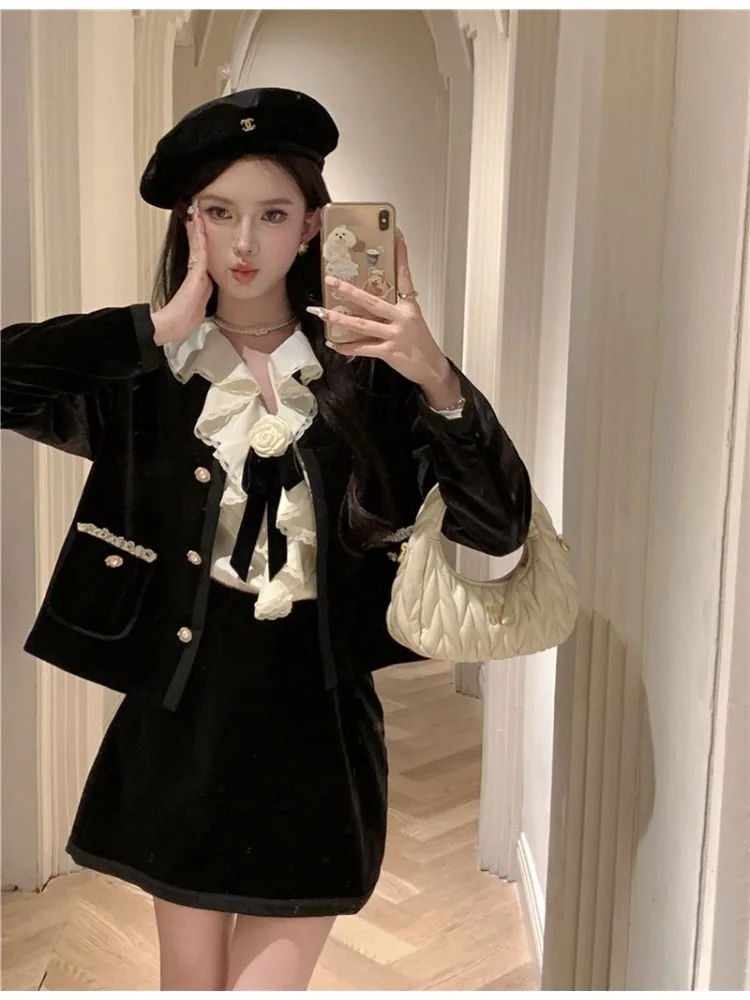 Insozkdg Elegant Vintage 2 Piece Set Black Suit Short Jacket + Sexy Strap Mini Skirt Spring Autumn Party Korean Chic Outfits