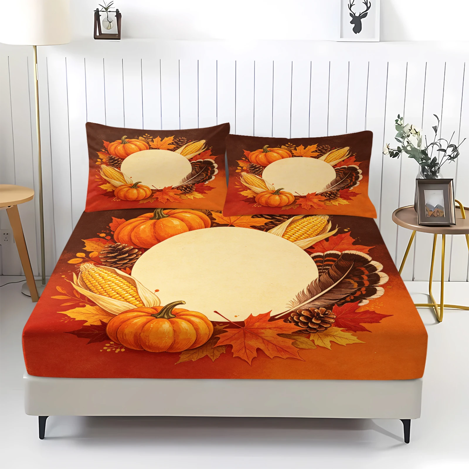 Thanksgiving Fitted Sheet Set Elastic Mattress Cover With Pillowcase Pumpkin Maple Leaf Corn Harvest Pattern Polyester Bedding