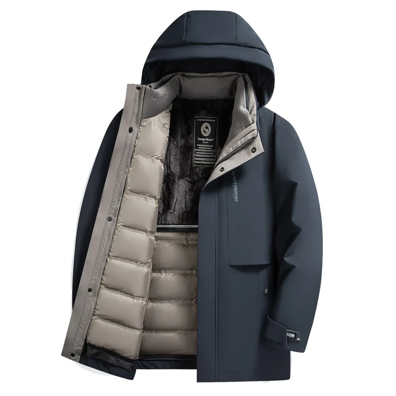 90 goose down+detachable inner lining anti extreme cold winter men's mid length standing neck hooded down jacket