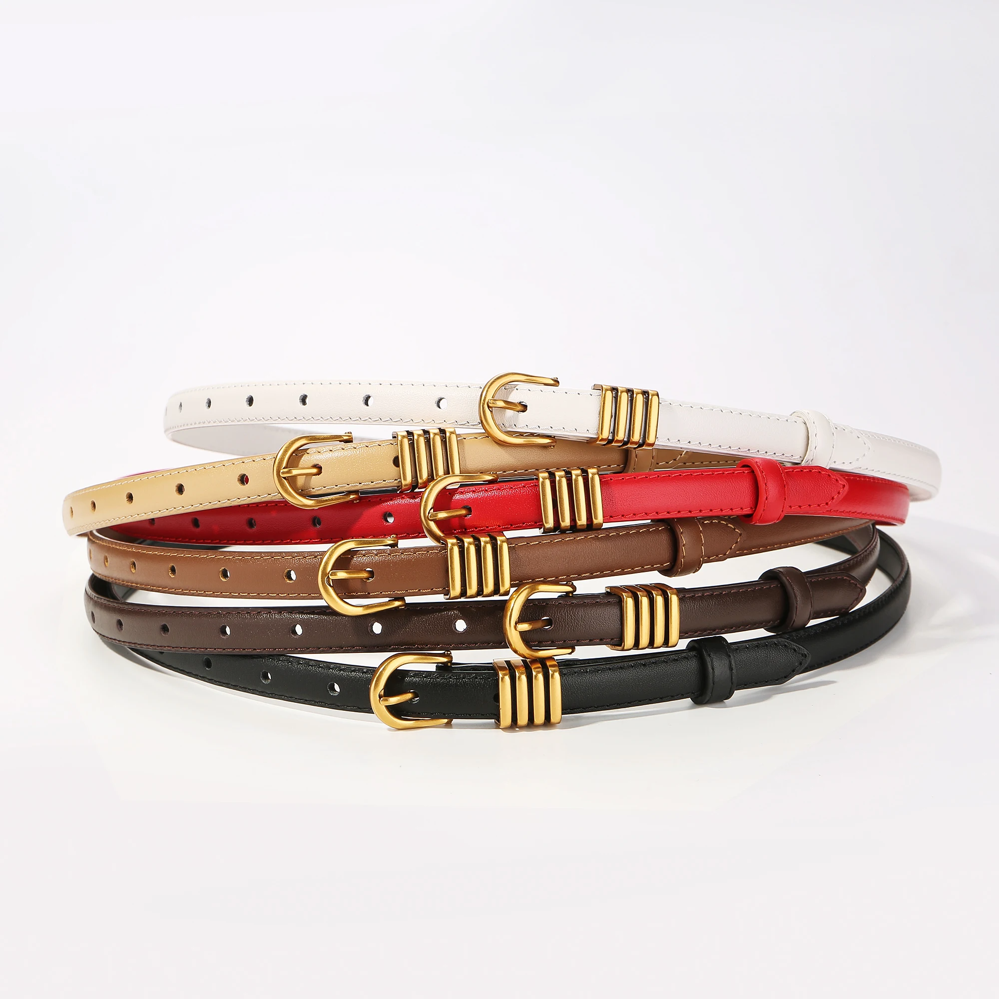 Women Skinny Leather Belt Thin Waist Belt for Women Jeans Dress Fashion Ladies Belt with Gold Buckle
