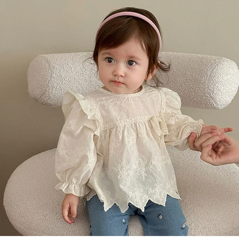

2025 Autumn New 0-5Y Baby Girls Blouse Korean Chic Jacquard Doll Style Flutter Sleeve 98% Cotton Toddler Shirt
