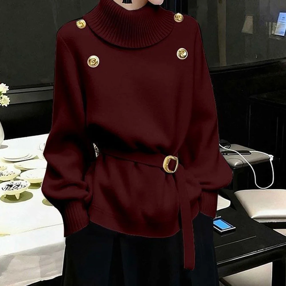 Camisola feminina 2025 novo único chique enorme boa aparência cintura rendas temperamento branco gola alta malha topo inverno