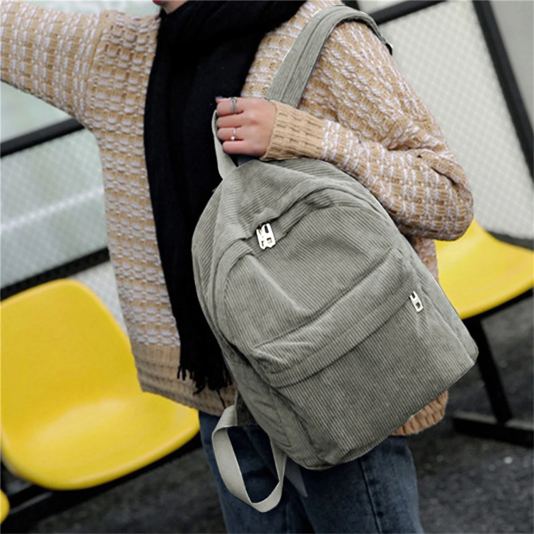 Corduroy Backpack Fashion Women School Backpack Solid Color Shoulder Bag Teenger Girl School Bags Female Backpack