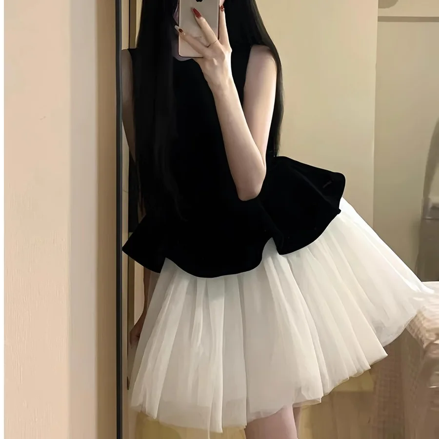 

Vest Dress Women Summer Mesh Splicing Princess Skirt Waist Puffy Skirt