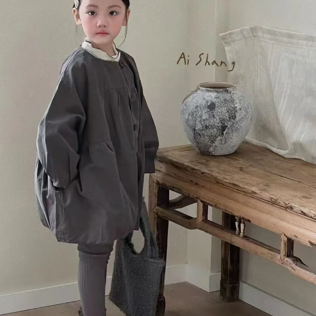 

90-150CM Children's Trench Coat Retro Korean High-end Girls' Casual Versatile Loose Trench Coat Jacket Top