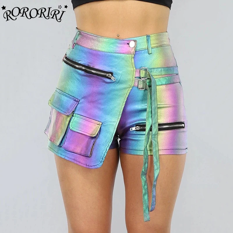 

RORORIRI Y2k Laser Wrap Around Belt Shorts Women Metallic Zipper Decor Cargo Pockets A-line Wide Leg Pants Summer Retro Clothes