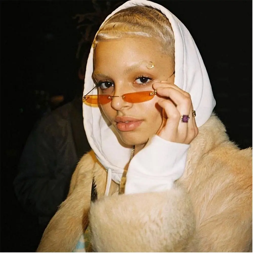 

Модные прямоугольные солнцезащитные очки без оправы с прозрачными цветными линзами, узкие маленькие солнцезащитные очки, безрамочные очки UV400 для женщин и мужчин