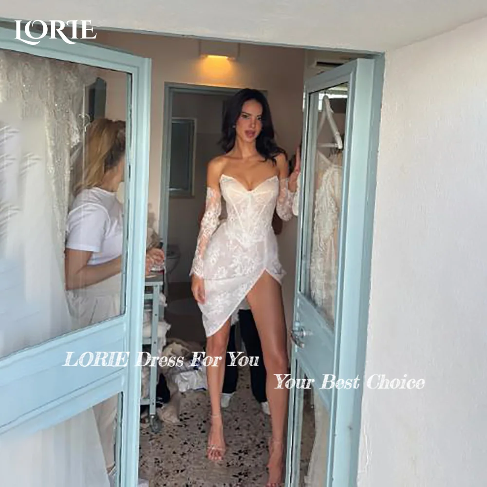 LORIE Vintage Lace Short Mermaid Wedding Dress Pearls Appliques Strapless Corset Mini Bridal Gown Princess Bride Gown Customized