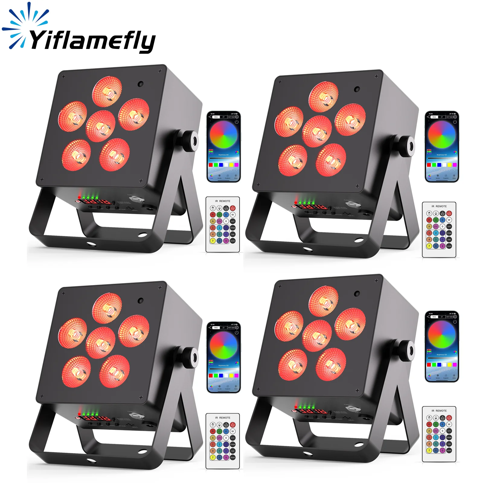 

Yiflamefly, 4 шт., обновленный перезаряжаемый квадратный светильник Par, встроенный аккумулятор емкостью 5200 мАч с приложением, пультом дистанционного управления и DMX для DJ-ведебной вечеринки