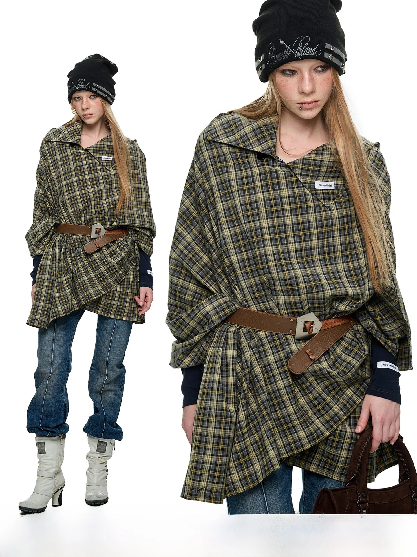 

Женский плащ JIKOO с регулируемым воротником, откидными плечами, защитой от солнца, оригинальный дизайн, свободный крой, длинный рукав, в клетку