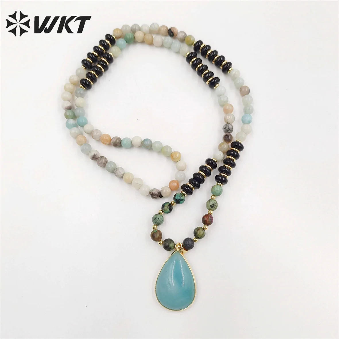 WT-N1416 Newest Attractive 6mm Long Natural Stone Beads Necklace In 28 Inch Genuine Amazonite Drop Pendant 3PCS