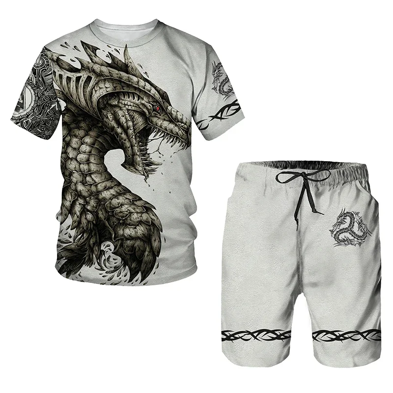 New Dragon Pattern 3D Printed Men\'s T-shirt Set Summer Casual Round Neck T-shirt Shorts Two Piece Set Fashion Men\'s Wear Trend