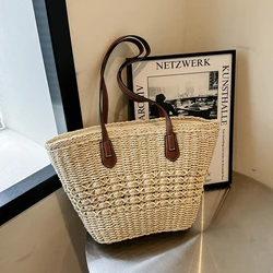 Straw Woven Large Capacity Shoulder Bags Zipper Solid PU Straps Simple Fashion Handbags for Women 2024 Casual Versatile Tote