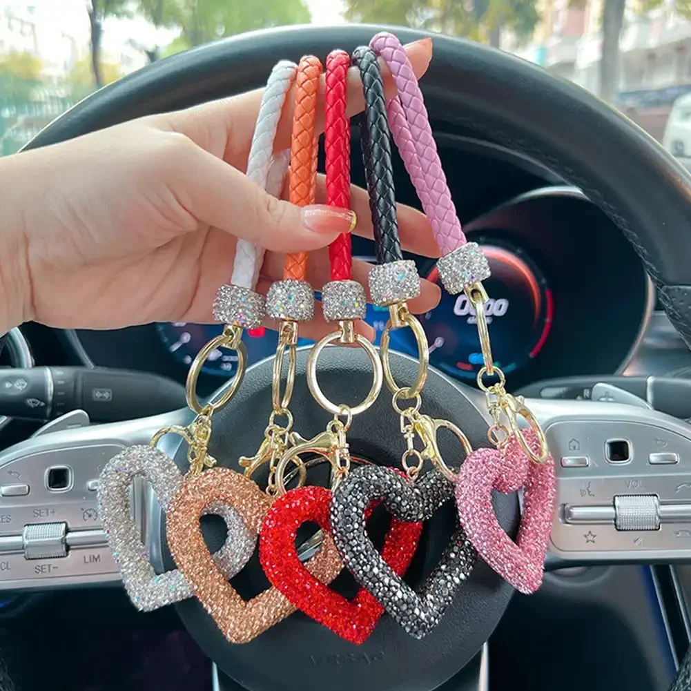 Car Hollow Love Key Rings Ceramic Clay Full Diamond Key Chain Leather Rope Sticking Water Diamond Key Pendant Simple Rings