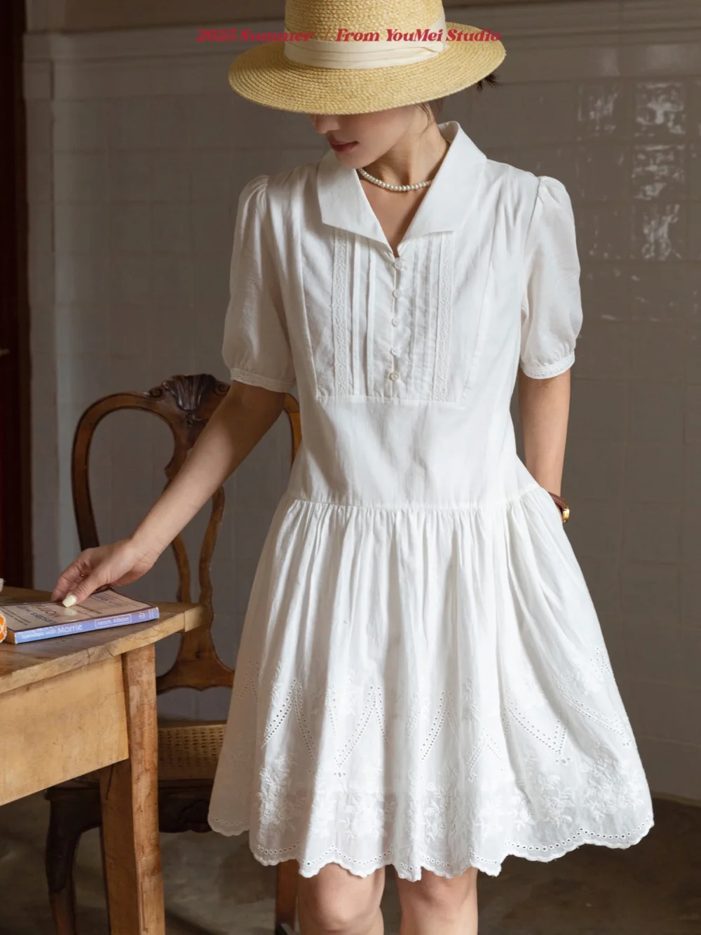 

Retro White Embroidered Hollow out A-Line Dress Korean Style Artistic Dress Cotton Summer Soft Fabric Five Sleeve Ladies...