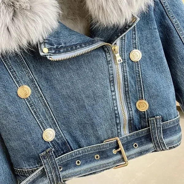 Denim Fur Long Sleeve Coat Women 2024 Winter Velvet Loose All-match Lace-up with Belt Jackets Korean Chic Lapel Female Parkas