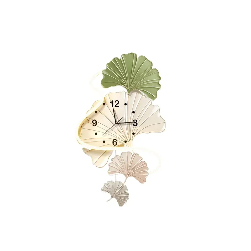 Cream wind wall clock living room dining room new decorative painting ginkgo biloba creative clock wall lamp silent swing clock