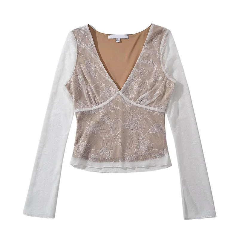 YENKYE Sexy donna prospettiva manica lunga con scollo a V camicetta in pizzo Slim Chic Crop Top