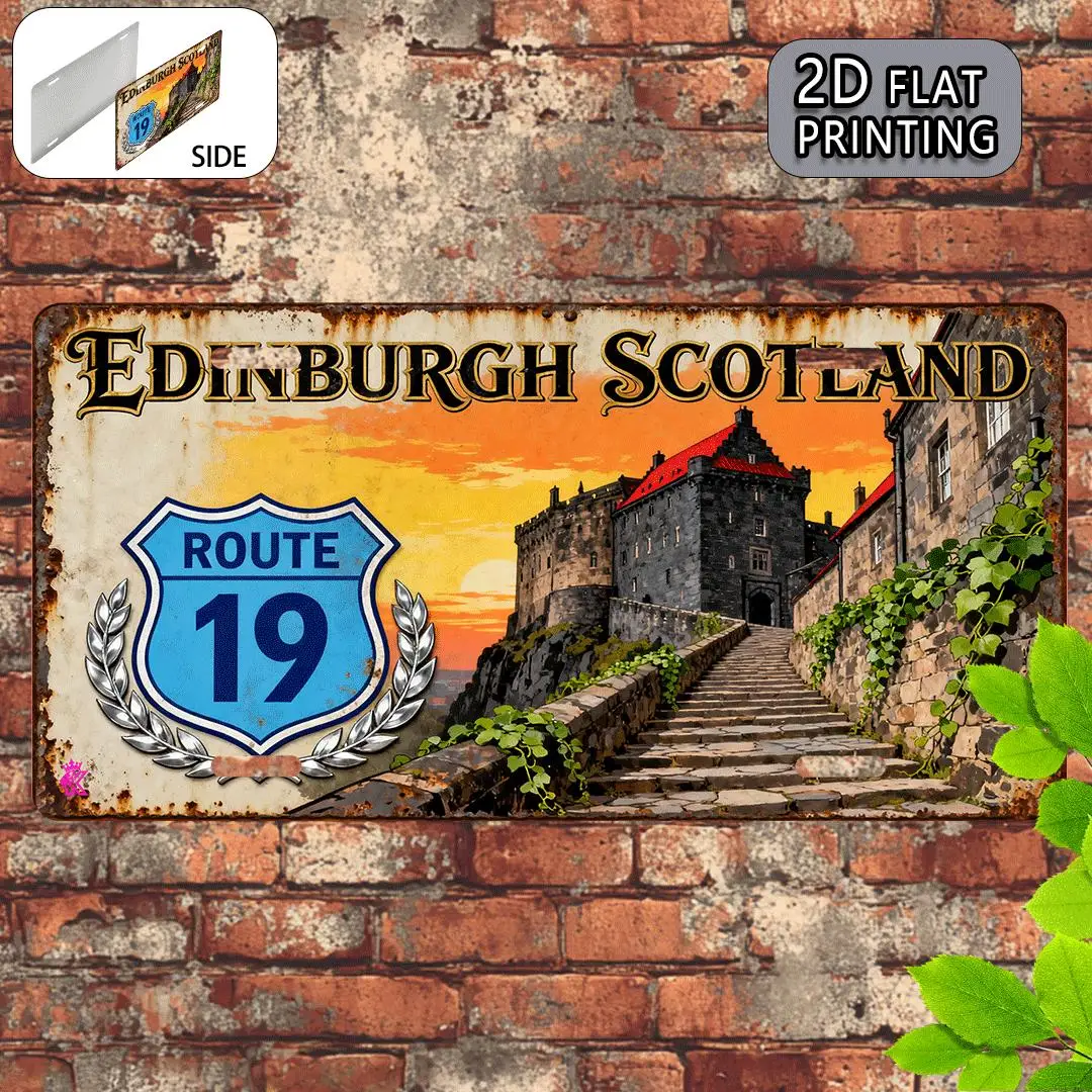 2D Flat, 2D Flat - Vintage 2D Metal Plate, 1pc Route 19 Edinburgh Scotland - 30.48X15.24 cm Scottish Landscape Wall Art with Edi
