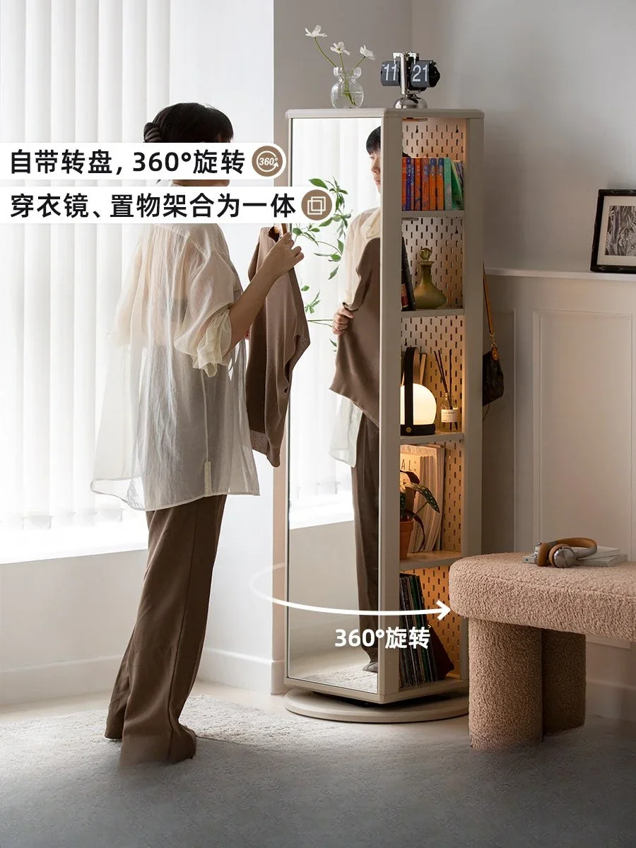 Floor-to-ceiling full-length mirror bookshelf integrated Nordic wind corner bookcase rotating floor-to-ceiling storage rack