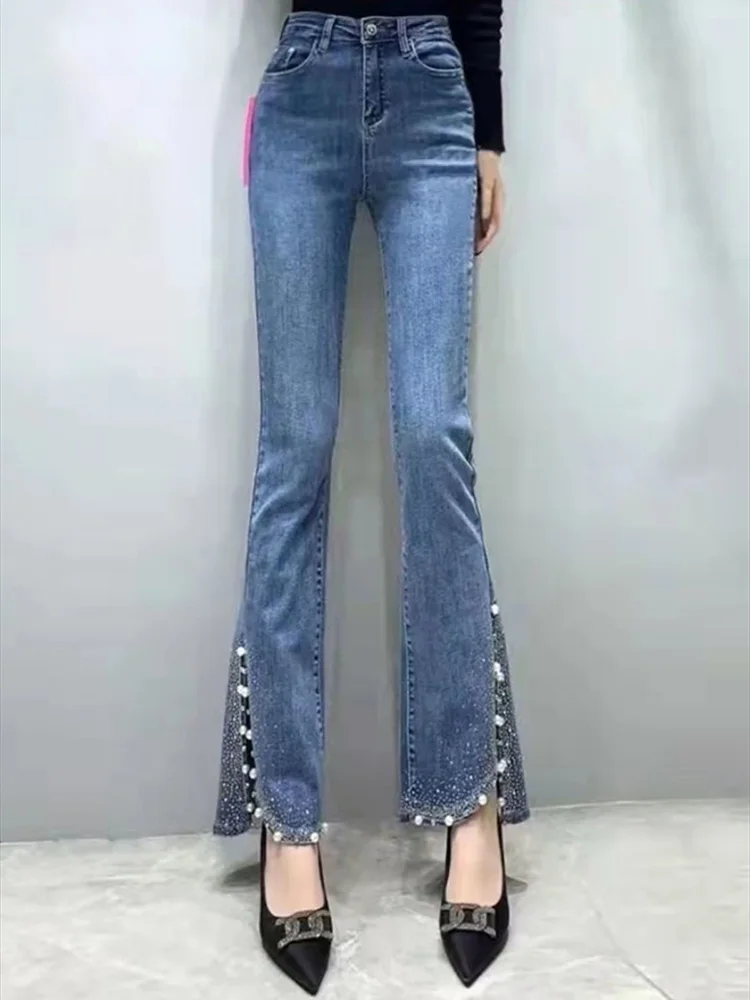 

Cropped Blue Womens Jeans Bell Bottom Pipe Flare with Pockets Flared Trousers High Waist Shot and Capris Pants for Women