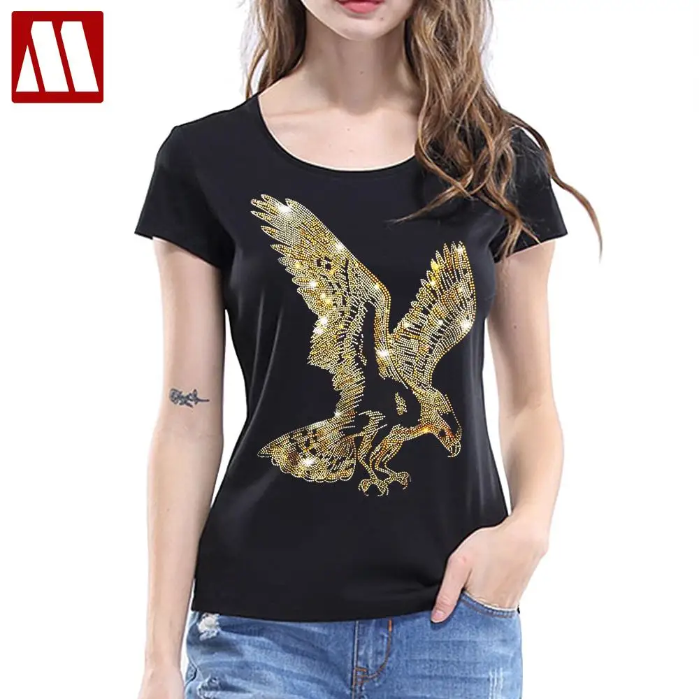 New Style 2024 Summer Women's Eagle Diamond Printed Short Sleeve Tops For Women Cotton Round Neck Black Flying Falcon Shirts