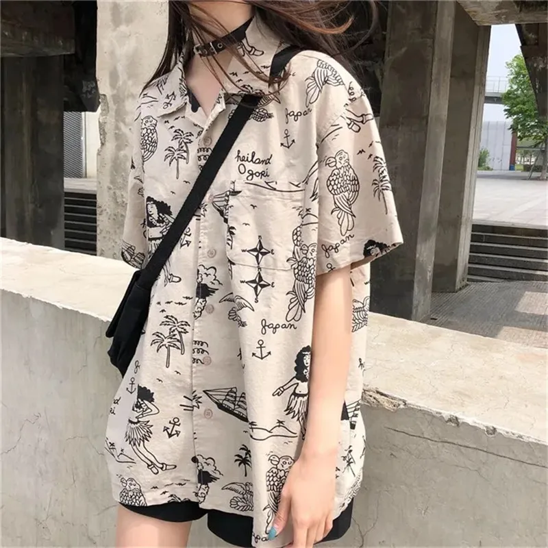 Korean Blouse Vintage Print Shirt Japanese Retro Hawaiian Style Short-Sleeved Girl Summer Casual Niche Shirt Female Top