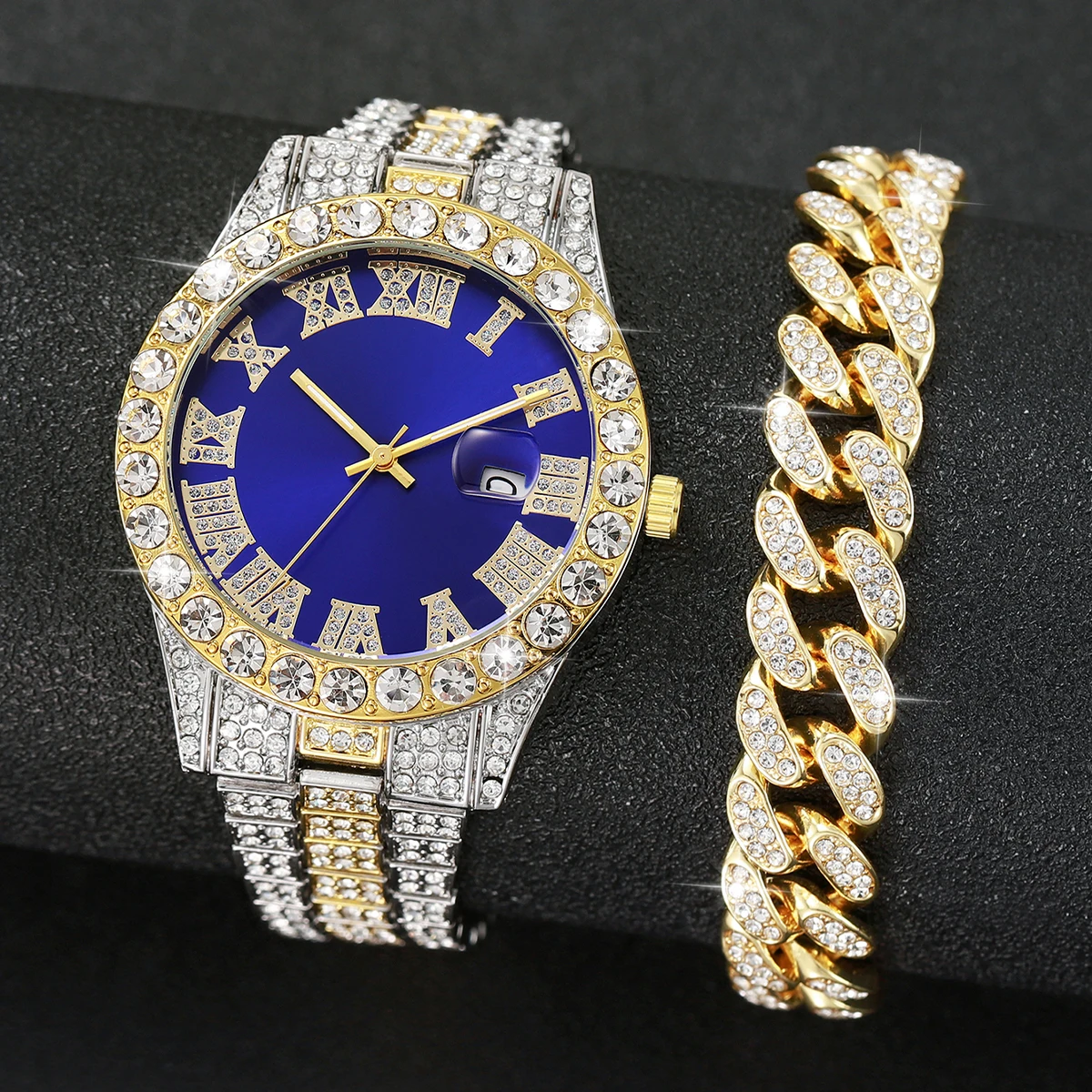 2PCS Luxury Rhinestone Men's Analog Quartz Watch Set