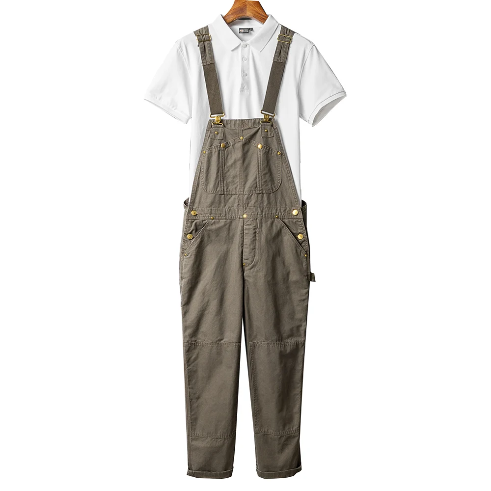 Men Loose Fit Bib Overalls Pockets Cargo Pants Hip Hop Golden Buttons Dungarees Casual Suspenders Jumpsuits