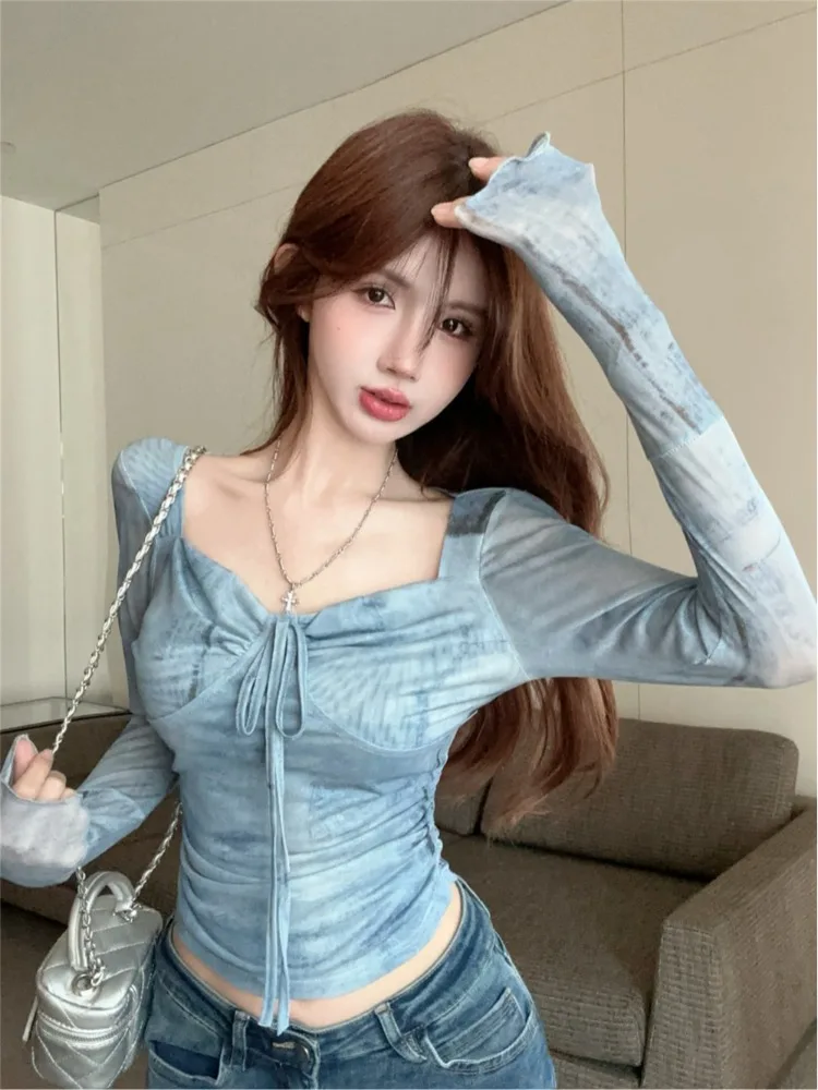 

Tie-Dye Mesh Sun Protection Women's Summer Slimming Design Thin Sexy Long Sleeve Top Fashionable Commute Style Pure Color