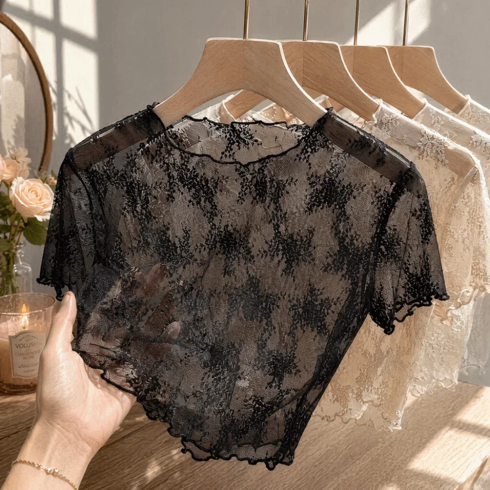 Fashion Nylon Lace Short Sleeve Top Thin Light Fabric Breathable Hollow Out Layering Tee Short Sleeve Sling Dress Cover Up Women