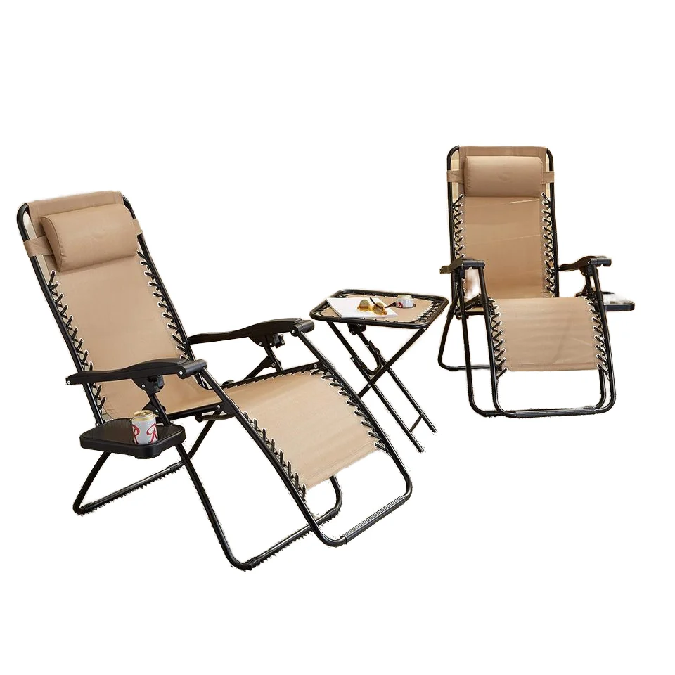 *Basics Lounge Chair Recliner Set 2-piece Side Table 35 X 26 X 43 Inches Beige Outdoor Foldable Living