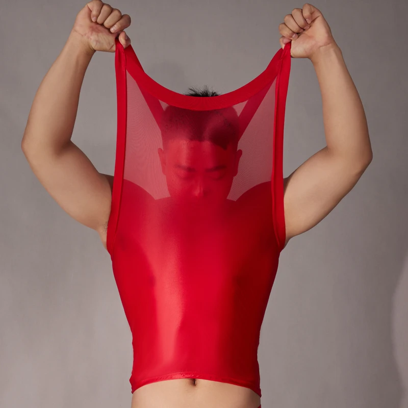 Sexy Cool Men High Elastic Bandage Strap Body Tank Top Thin Transparent Bodice Vest Sleeveless Sheer Male Tee Erotic Lingerie