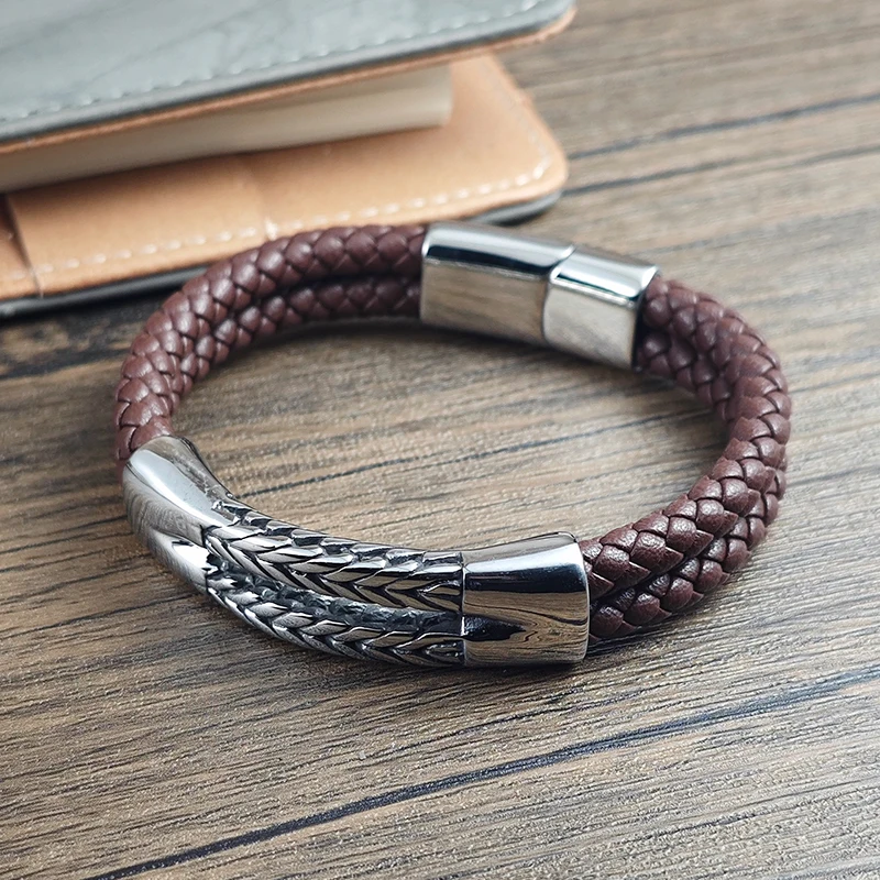 Luxury Retro Double Leather Men's Bracelet Cuban Grain Ear Shape Chain Bracelet Stainless Steel Jewelry Bracelet Birthday Gift