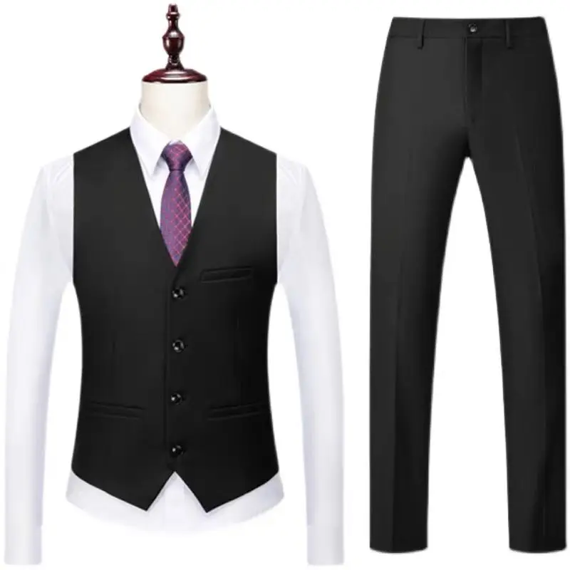 ( Vest + Pants ) High-end Solid Color Business Vest 2 Pieces Formal Men Slim Fit Prom Party Groom Wedding Tuxedos 6XL-M