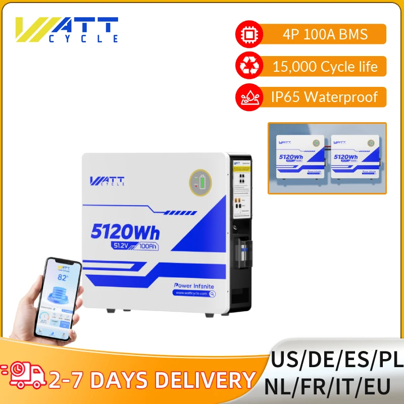 

Wattcycle 48 В 100 Ач LiFePO4 батарея, настенная литиевая батарея класса A + 5,12 кВтч с системой хранения энергии BMS 100 А