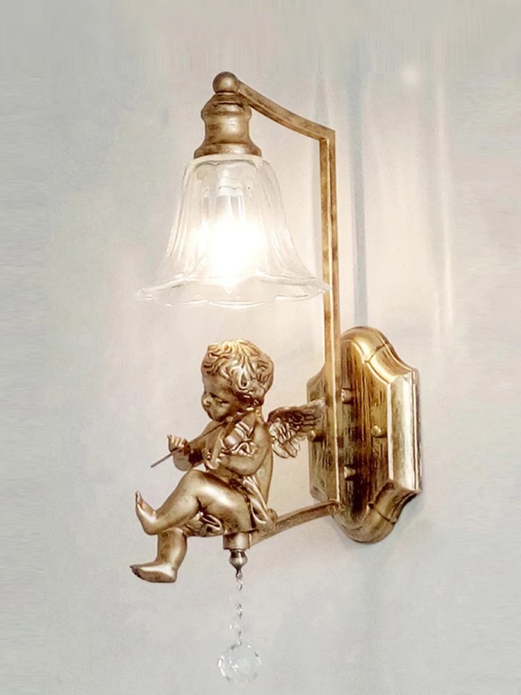 French retro angel wall lamp Middle American crystal decoration ambiance living room background wall aisle bedroom bedside lamp