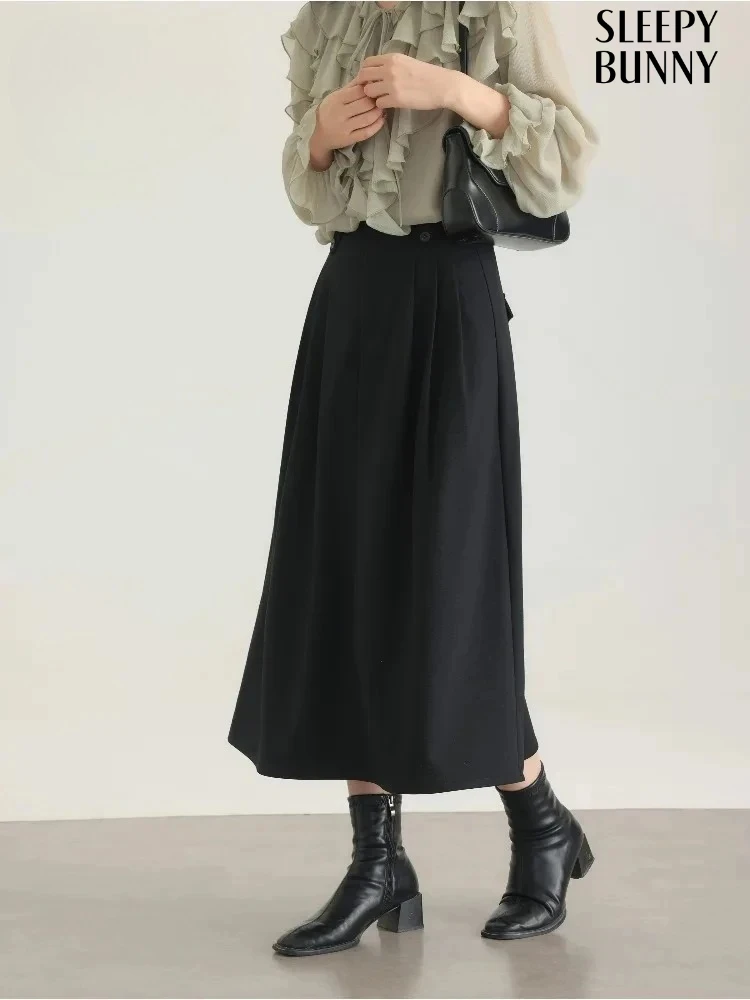 

Elegant High Waist Midi Skirt Women Flared Pleated A Line Skirt Soft Brushed Fabric Fit Black Skirt for Spring Office Daily Wear