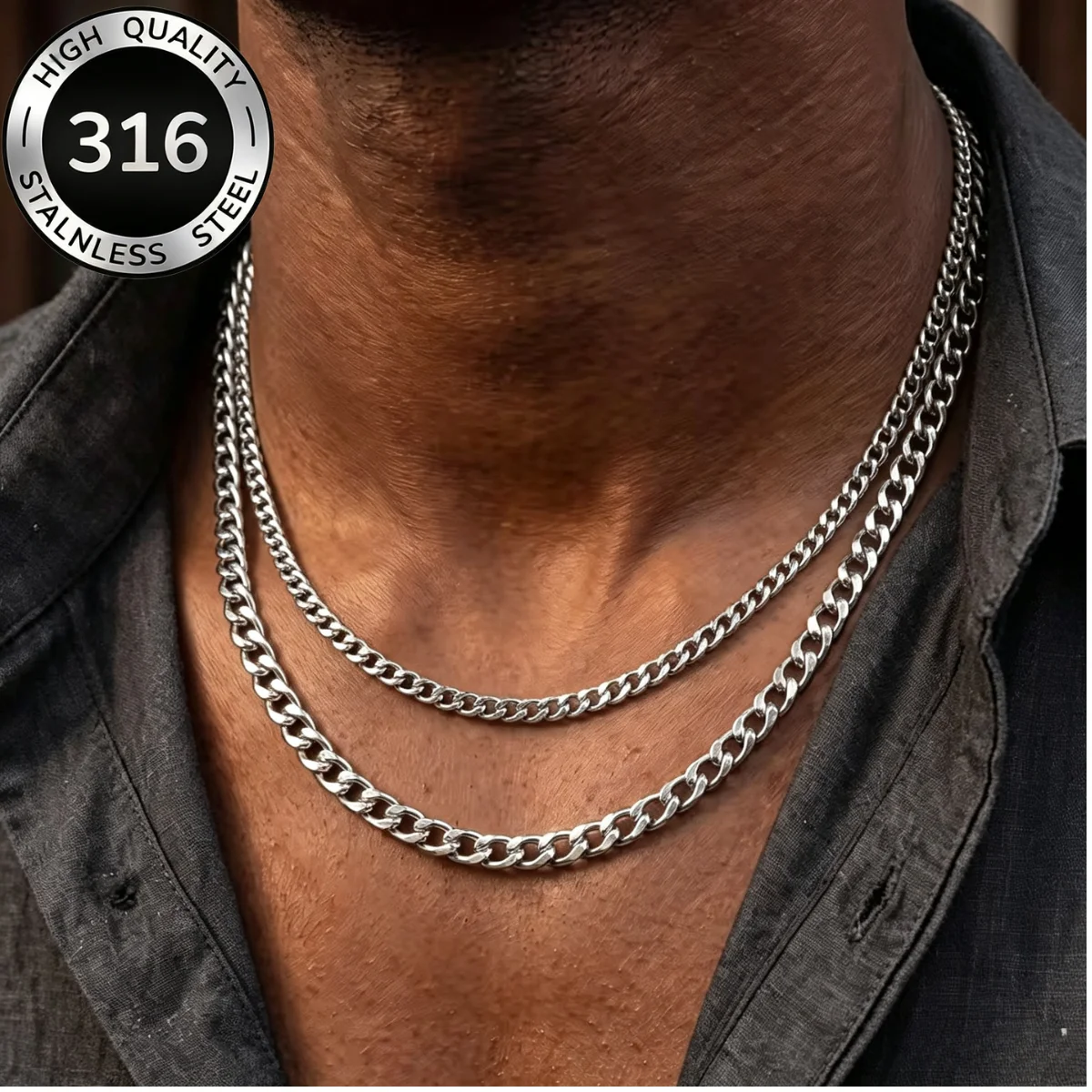 Punk Male 2pcs Double Layer Chain Necklaces Stainless Steel 3/5MM Figaro Link Chains Basic High Quality Hiphop Men Neck Jewelry