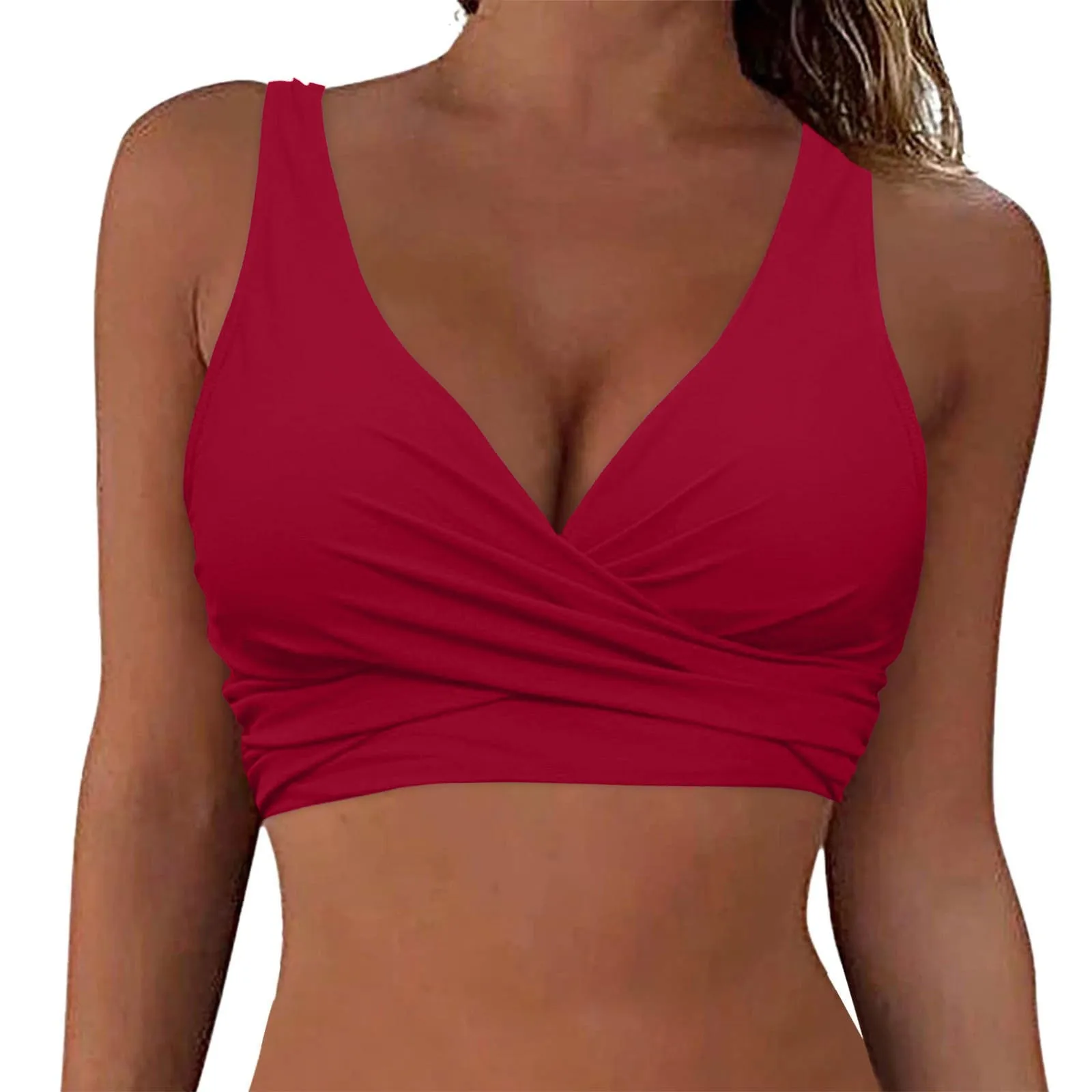 Women's Basic Backless Sexy Swimming Top Fashion Solid Color Cross Tie Bra with Chest Pad No Steel Support Beach Swimsuit