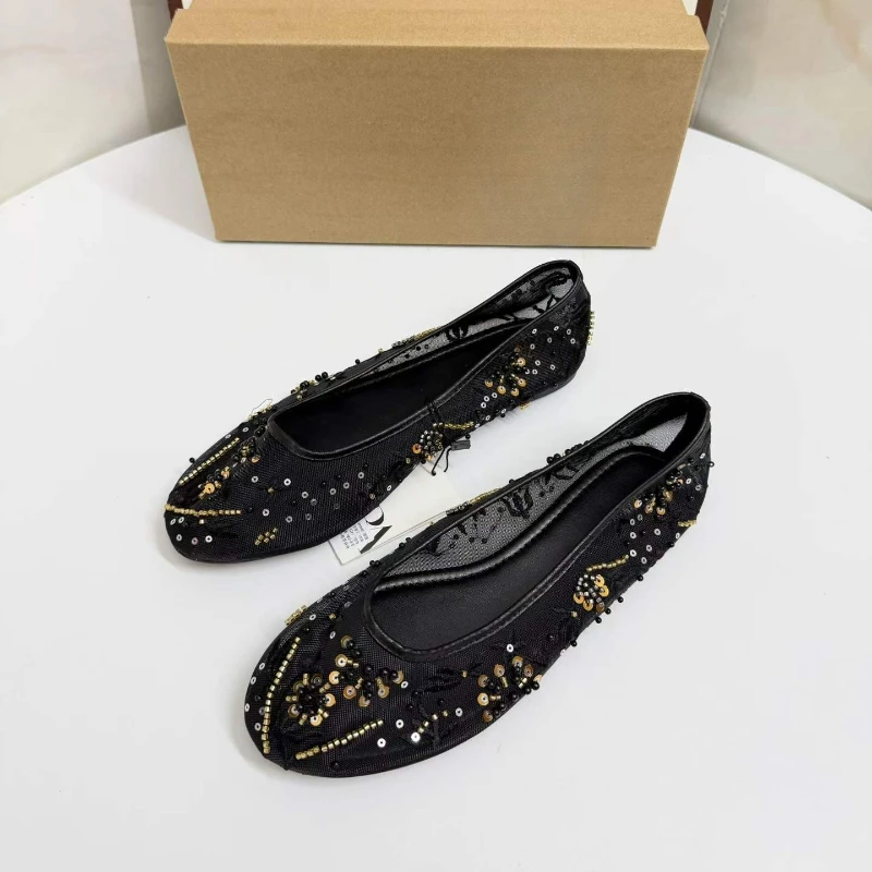夏用メッシュ刺繍ビーズ付きバレエフラットシューズ-レディース-通気性のあるスパンコールスリッポンフラットシューズ-エレガントなラウンドトゥ-ブラックメリージェーンズ